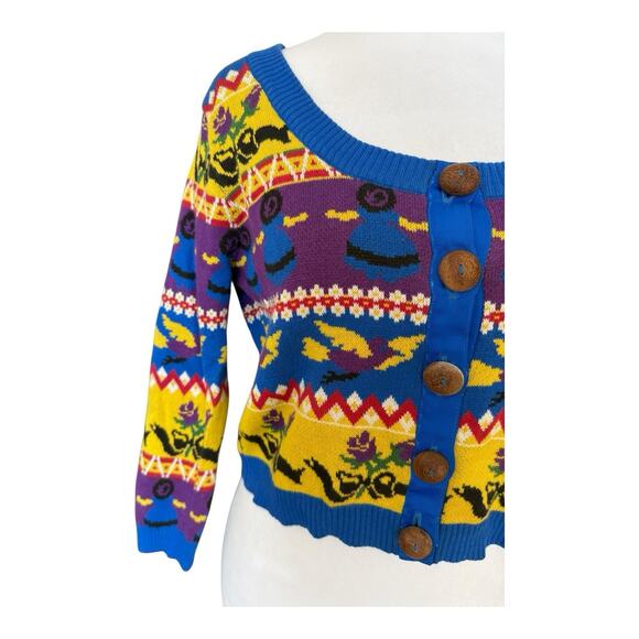Vintage Betsey Johnson Punk Label Crop Cardigan Alley Cat Fair Aisle Print L Mod - Picture 3 of 16